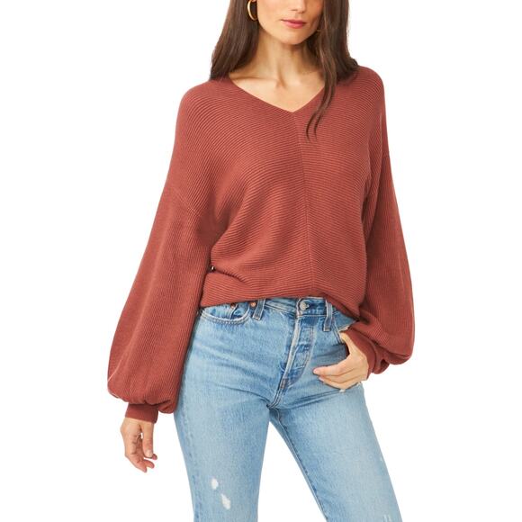 1.State V-Neck Ribbed Balloon Sleeve Terracotta Brown Oversize Sweater Small NWT - Picture 1 of 13